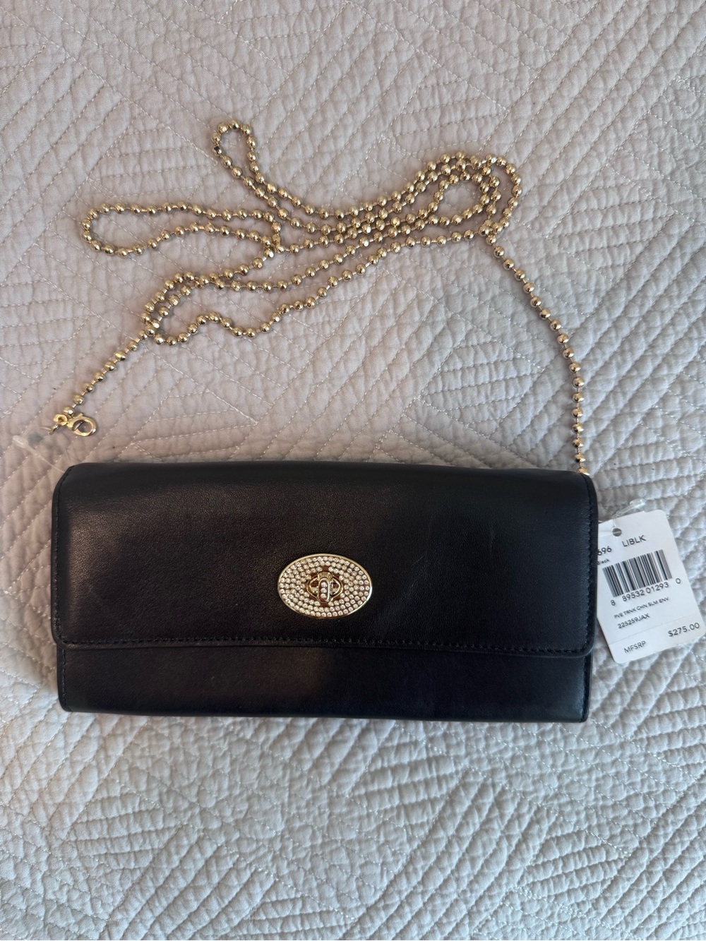 Coach Black Leather Crossbody Clutch with Gold Chain